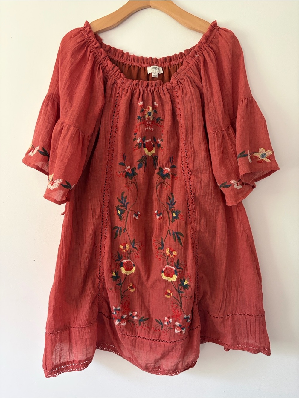 Womens UMGEE Rust Red Floral Embroidered Peasant Dress Size Large